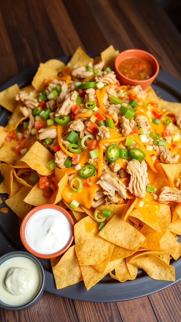 A colorful plate of cheesy chicken nachos with toppings, served with dips on a wooden table.